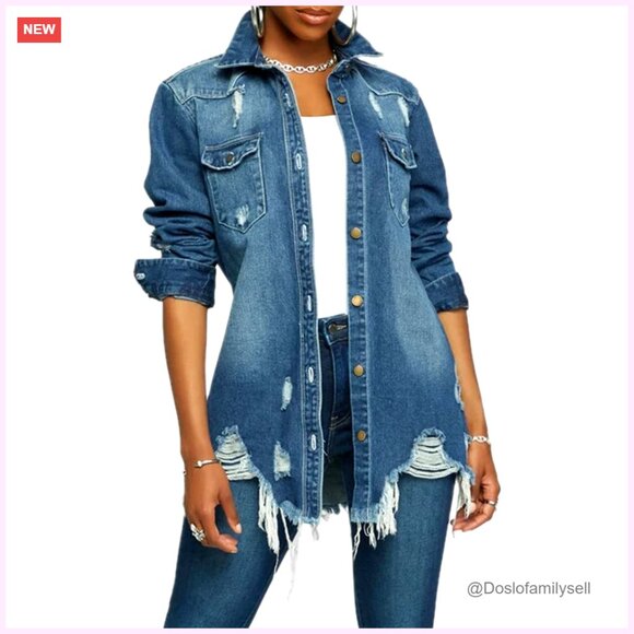 Distressed Denim Jacket Women's Classic Fit Boyfriend Style Long Sleeve